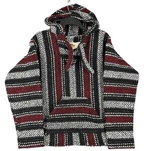 Earth Ragz Baja Hoodie Mens L Burgundy Black Stripe Woven Pullover Surf Poncho